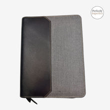 Load image into Gallery viewer, Franklin-Christoph 20 pen case in black leather and suit grey fabric, with stitched details and a small logo.