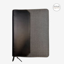Load image into Gallery viewer, Franklin-Christoph 20 pen case in black leather and suit grey fabric, with custom zipper tabs and interior pen bands.