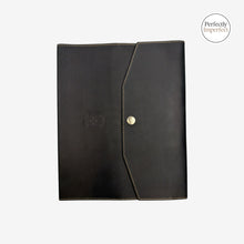 Load image into Gallery viewer, Franklin-Christoph A5 boot leather notebook cover in dark brown with snap closure and debossed Celtic logo.