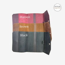 Load image into Gallery viewer, Franklin-Christoph A5 boot leather notebook cover in maroon, brown, or black with snap closure and interior pockets.
