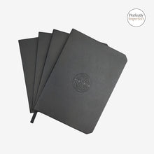 Load image into Gallery viewer, Franklin-Christoph A6 black Firma-Flex journal with debossed Celtic knot logo. Features beveled corners and a black ribbon bookmark.
