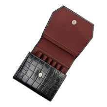 Load image into Gallery viewer, Franklin-Christoph black croc embossed leather Penvelope 6 case with snap closure and red interior, holding 6 pens.