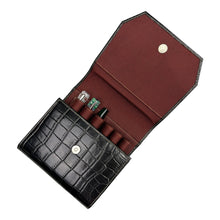Load image into Gallery viewer, Franklin-Christoph black croc embossed leather Penvelope 6 case with snap closure, holds 6 pens, dark red interior.