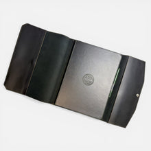 Load image into Gallery viewer, Franklin-Christoph black FxCel leather A4 snap notebook cover with Celtic logo debossed on front and pen loop.