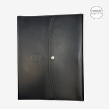 Load image into Gallery viewer, Franklin-Christoph black FxCel leather A4 notebook cover with snap closure and debossed Celtic logo.