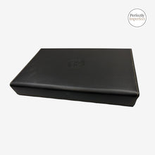 Load image into Gallery viewer, Franklin-Christoph black napa leather 12-pen tray with creme stitching, embossed logo, and magnetic closure.
