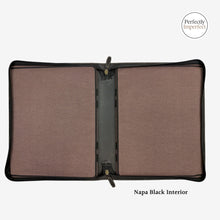 Load image into Gallery viewer, Franklin-Christoph black Napa leather 40 pen case with brown piping and creme stitching, open to show brown cloth interior.