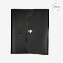 Load image into Gallery viewer, Franklin-Christoph black FxCel leather A6 snap notebook cover with creme stitching and silver snap closure.