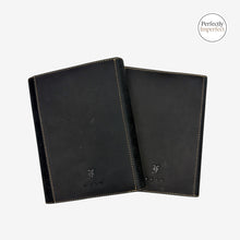 Load image into Gallery viewer, Franklin-Christoph black boot leather A6 snap notebook covers with debossed logo and contrast stitching.