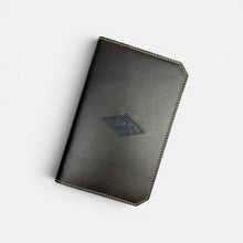 Load image into Gallery viewer, Franklin-Christoph black leather 5.3 pocket notebook cover with blue denim accent and embossed logo.