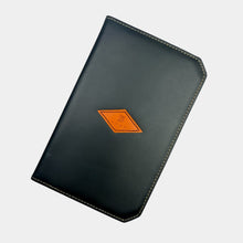 Load image into Gallery viewer, Franklin-Christoph black leather 5.3 pocket notebook cover with orange diamond logo accent. Slim design.