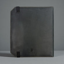 Load image into Gallery viewer, Franklin-Christoph black boot leather Command Center Padfolio with tan stitching, elastic closure, and embossed logo.