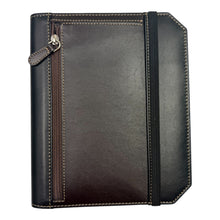 Load image into Gallery viewer, Franklin-Christoph black leather Command Center Padfolio with tan stitching, elastic closure, and zippered pocket.