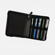 Load image into Gallery viewer, Franklin-Christoph black FxCel leather zippered five pen case with Celtic knot logo. Holds pens up to 6" long.