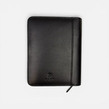 Load image into Gallery viewer, Franklin-Christoph black FxCel leather zippered five pen case with debossed Celtic knot logo.