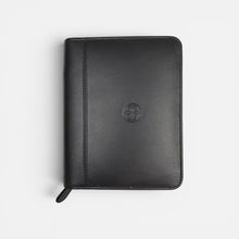 Load image into Gallery viewer, Franklin-Christoph black FxCel leather zippered five pen case with debossed Celtic knot logo on front.