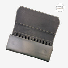 Load image into Gallery viewer, Franklin-Christoph black Napa leather pen case with 13 slots and tan stitching. Imperfectly perfect with minor dents and scratches.
