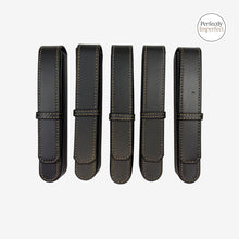 Load image into Gallery viewer, Franklin-Christoph black FxCel leather pen case with flap and band closure, contrast stitching.