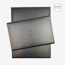 Load image into Gallery viewer, Franklin-Christoph black napa leather covered pen tray for 7 pens, with embossed logo and magnetic closure.