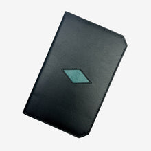 Load image into Gallery viewer, Franklin-Christoph black leather 5.3 pocket notebook cover with teal diamond accent and embossed logo.