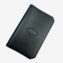 Load image into Gallery viewer, Franklin-Christoph black leather 5.3 pocket notebook cover with blue diamond logo accent, ideal for travel journaling.