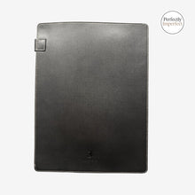 Load image into Gallery viewer, Franklin-Christoph black Napa leather A4 document folder with snap closure and debossed logo.
