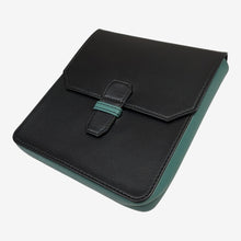 Load image into Gallery viewer, Franklin-Christoph black leather 6-pen case with teal accents and strap closure. Features a removable insert.