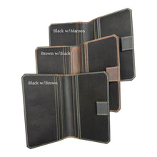Load image into Gallery viewer, Franklin-Christoph boot leather checkbook cover with black fabric interior, pen slot, and card holder.
