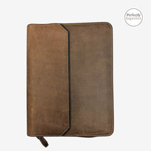 Load image into Gallery viewer, Franklin-Christoph brown distressed boot leather 20 pen case with zipper and interior pen bands.