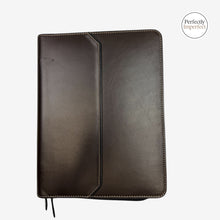 Load image into Gallery viewer, Franklin-Christoph brown napa leather 20 pen case with black piping and custom zipper tabs. Features 40 flex bands and padded interior.