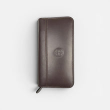 Load image into Gallery viewer, Franklin-Christoph brown FxCel leather zippered three pen case with debossed Celtic knot logo.