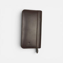 Load image into Gallery viewer, Franklin-Christoph brown FxCel leather zippered three pen case with debossed Celtic knot logo.