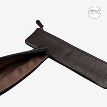 Load image into Gallery viewer, Franklin-Christoph dark brown pebbled leather zippered single pen pouch with antiqued brass zipper. Interior is lined with soft brown fabric.