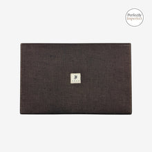 Load image into Gallery viewer, Franklin-Christoph brown linen 12-pen covered tray with white stitching and embroidered F logo. Features double hinges and magnetic closure.
