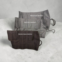 Load image into Gallery viewer, Franklin-Christoph seven pen roll in brown linen fabric with tie closure. Holds pens securely for travel.