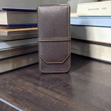 Load image into Gallery viewer, Franklin-Christoph brown grain napa leather three pen case with flap closure and contrast stitching.