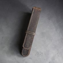 Load image into Gallery viewer, Franklin-Christoph dark burgundy distressed boot leather single pen case with flap and band closure.
