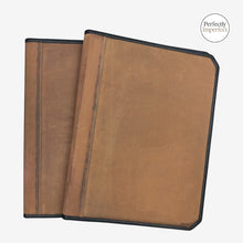 Load image into Gallery viewer, Franklin-Christoph Umber A5 canvas padfolio with dark stitching and interior pockets. Features a distressed look.