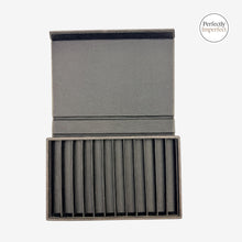 Load image into Gallery viewer, Franklin-Christoph Covered Pen Tray 12, black napa leather exterior, grey ribbed fabric interior, holds 12 pens.