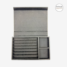 Load image into Gallery viewer, Franklin-Christoph Covered Pen Tray 7 in black napa leather with dark red ribbed fabric interior. Holds 7 pens and has extra storage.