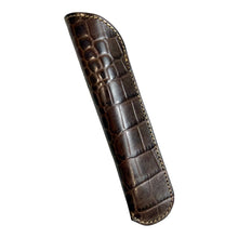 Load image into Gallery viewer, Franklin-Christoph dark brown croc embossed leather single pen sleeve with creme stitching. Designed to hold pens up to 5.5 inches.
