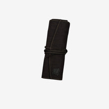 Load image into Gallery viewer, Franklin-Christoph dark brown fabric and leather seven pen roll, tied with a string closure.