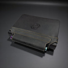 Load image into Gallery viewer, Franklin-Christoph black leather elastic pen holder with creme stitching and debossed logo, attaches to hardcover notebooks.