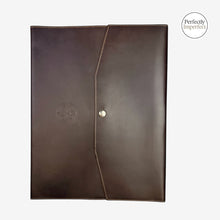 Load image into Gallery viewer, Franklin-Christoph A4 FxCel leather notebook cover in dark brown with snap closure and debossed Celtic logo.