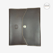 Load image into Gallery viewer, Franklin-Christoph dark brown FxCel leather A6 snap notebook cover with creme stitching and Celtic logo.