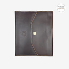 Load image into Gallery viewer, Franklin-Christoph dark brown FxCel leather A6 snap notebook cover with creme stitching and brass snap closure.