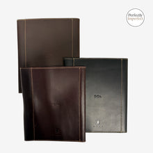 Load image into Gallery viewer, Franklin-Christoph A6 FxCel leather notebook covers in dark brown, brown, and black with creme stitching. Features snap closure.