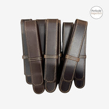 Load image into Gallery viewer, Franklin-Christoph FxCel leather pen case in maroon, brown, and black. Features flap and band closure, stitched details, and a classic design.