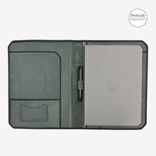 Load image into Gallery viewer, Franklin-Christoph A5 green canvas padfolio with interior pockets, pen loop, and a grey paper insert with a Celtic knot design.