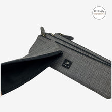 Load image into Gallery viewer, Franklin-Christoph grey fabric zippered single pen pouch with antiqued brass zipper and logo detail.